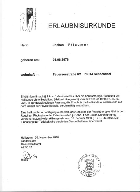 Heilpraktikerurkunde Jochen Pflaumer