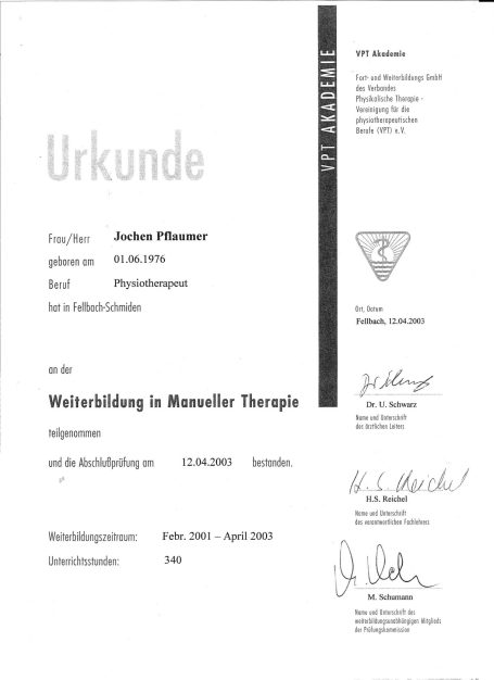 Manuelle Therapie Urkunde Jochen Pflaumer